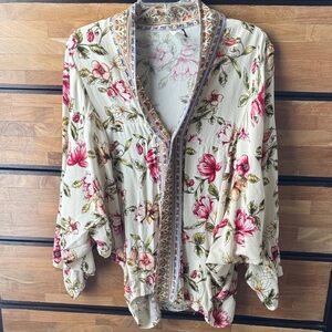 Anthropologie Floral Blouse with Red and Green Hues